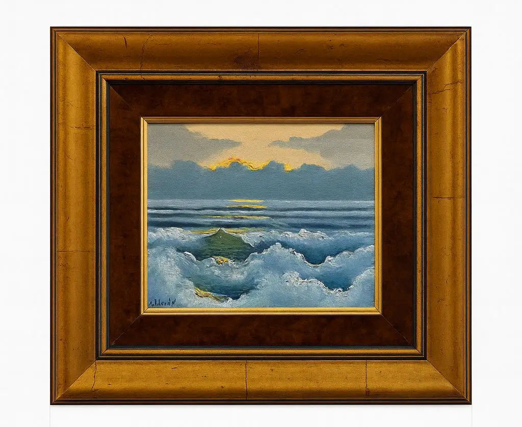 Framed Sunflower Painting with vibrant green leaves against a dark background Approx. 24" x 30